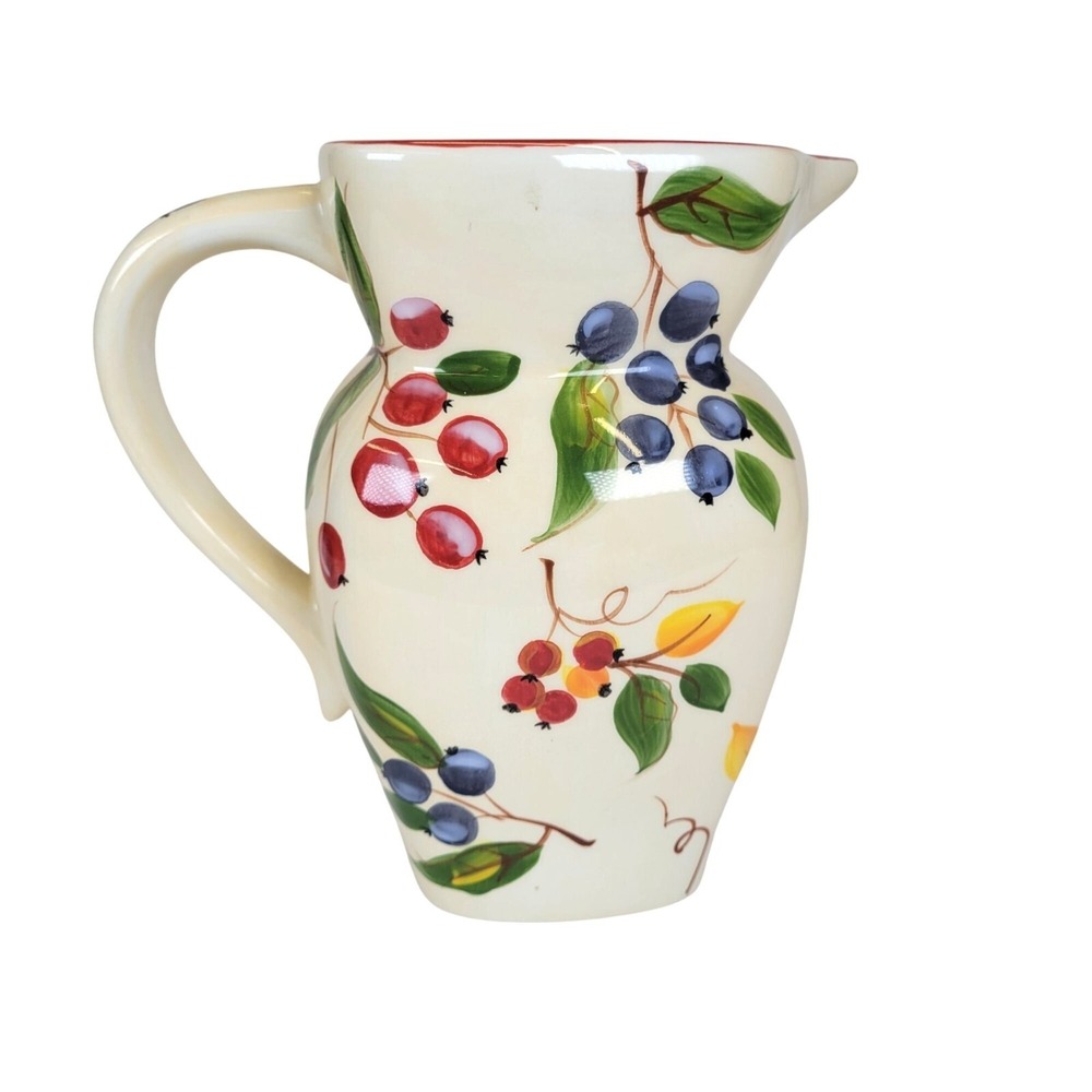 Vintage FTD Ceramic Fruit Pitcher Vase Cream & Red Rim Interior Green Blue‎ 7"